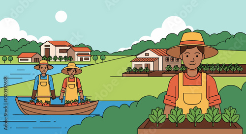 Farmers Harvesting Vegetables On River With Scenic Farmhouse View