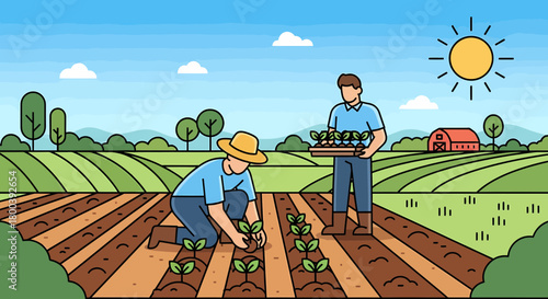 Farmers Growing Seedlings In Field On Sunny Day Illustration