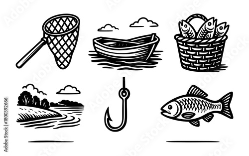 Fishing adventure elements with nets, boats, hooks, and fish in vintage style