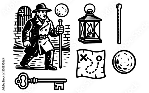 Vintage adventure symbols: explorer, map, lantern, key, walking stick