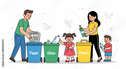 Family Teaching Children About Recycling Sorting Waste Into Trash Bins