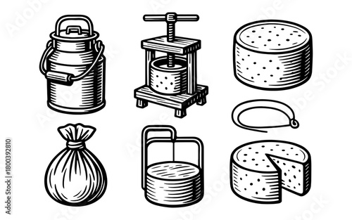 Vintage dairy objects and cheese making tools in hand-drawn style