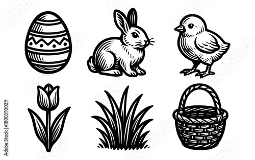 Black and white easter design set featuring egg, bunny, chick, tulip, grass, and basket