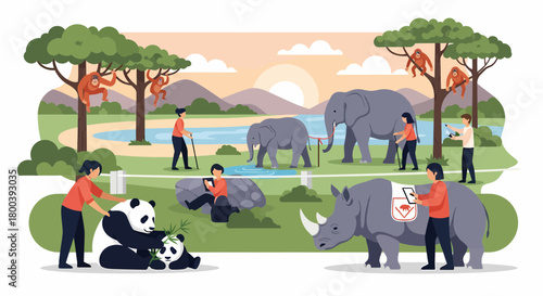 Illustrative Scene Of People Interacting With Animals In Protected Enclosure