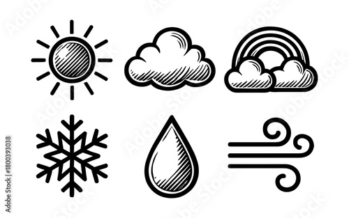 Hand drawn weather icons: sun, cloud, rainbow, snowflake, raindrop, wind
