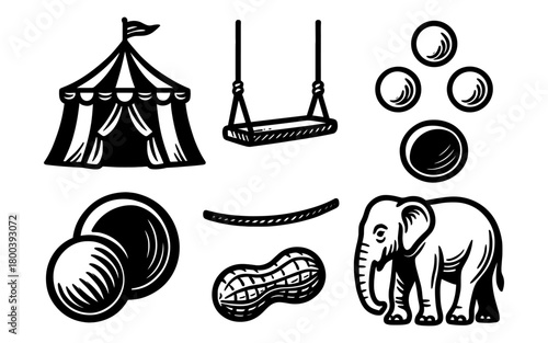 Circus-themed elements: tent, swing, juggling, elephant, peanut in retro style