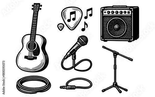 Retro music gear: guitar, amplifier, and microphone setup