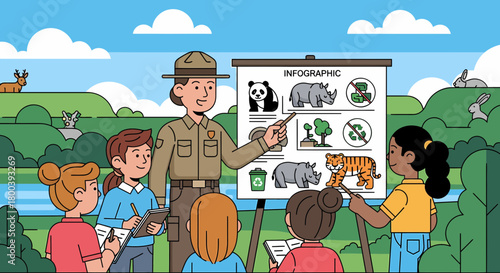 Park Ranger Explaining Wildlife Conservation to Children in Nature Setting