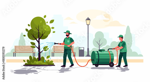 Park Workers Watering Plants With Garden Hose And Water Tank