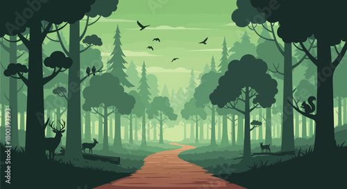 Peaceful Forest Landscape With Deer And Birds Silhouettes Artwork