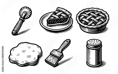 Rustic bakery tools and pies in vintage hand-drawn style