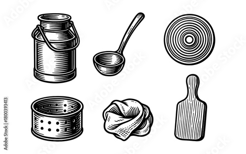 Vintage kitchen tools set in retro woodcut design