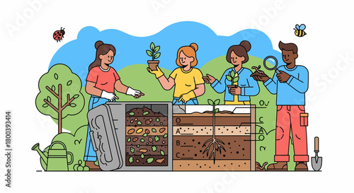 People Working With Compost And Soil Layers In Garden Illustration