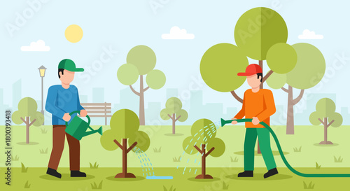 People Watering Young Trees In The Park With Watering Can And Hose