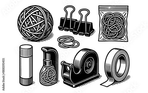 Vintage style black and white office supplies: rubber bands, clips, glue, tape