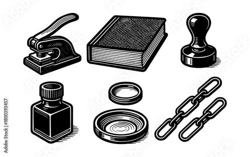 Vintage engraving of office supplies: book, seal, ink bottle, and chain