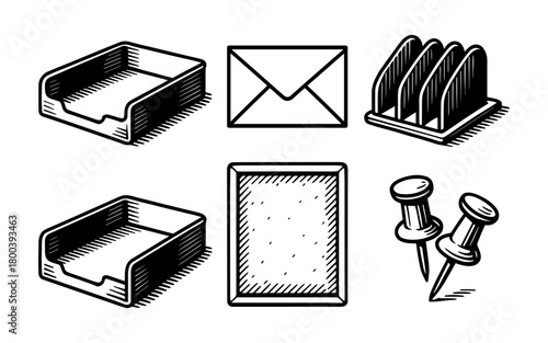 Retro-inspired office supplies: organizer trays, envelopes, displays, pushpins