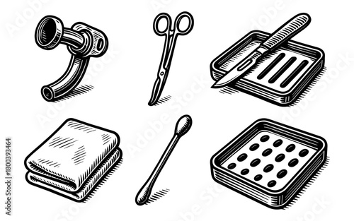 Medical tools set: hand drawn surgical scissors, scalpel, tray, grinder, cotton swab, gauze