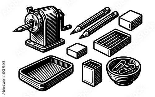 Retro office supplies set in vintage engraving style for creative workspaces