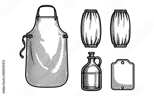 Vintage kitchen utensils set: apron, bottle, cutting board, oven mitts
