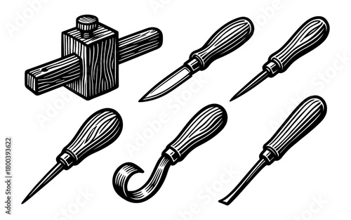 Vintage woodcut tools set: traditional carving instruments illustration