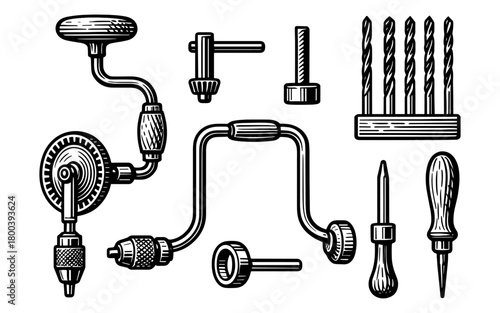 Vintage hand drill and tool set in detailed woodcut style
