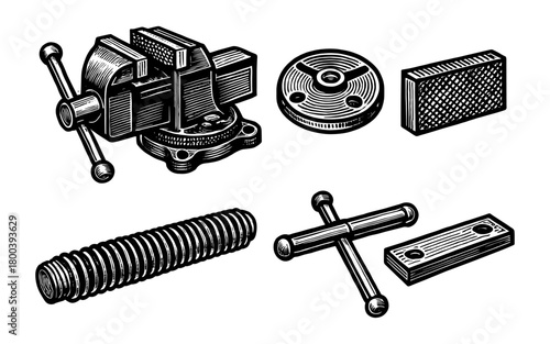 Detailed monochrome engraving of mechanical tools with screws and handles