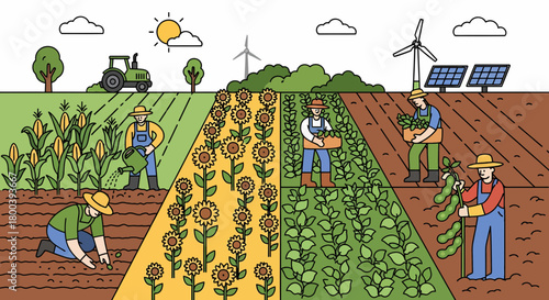 Sustainable Agriculture And Diversified Crops On A Farm Illustration