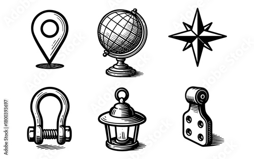 Vintage engraving icons set: map marker, globe, compass, shackle, lantern, hitch