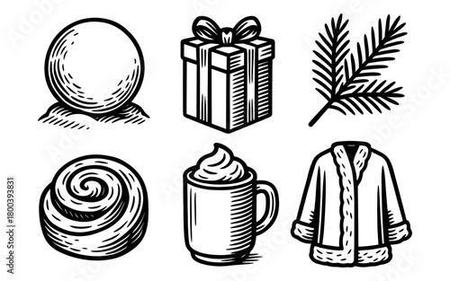 Hand-drawn winter icons: gift, hot cocoa, snowball, fir branch, cinnamon roll, cozy sweater