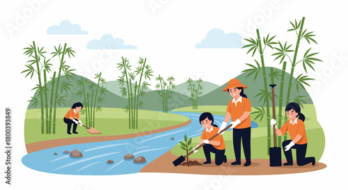 Teamwork In Planting Trees By The River To Conserve Nature
