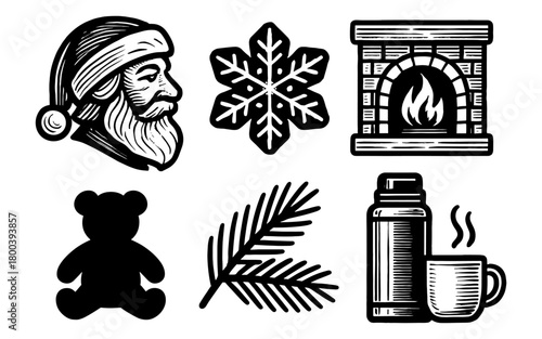 Retro christmas icons: santa, snowflake, fireplace, teddy bear, pine branch, thermos