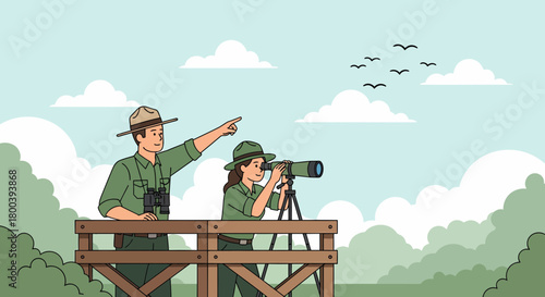 Two Park Rangers Observing Wildlife From Observation Deck Illustration