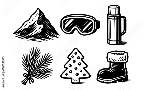 Winter adventure set: mountain, goggles, thermos, pine, tree, boot