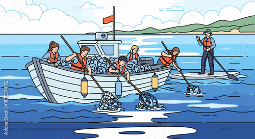 Volunteers Cleaning Ocean Pollution Gathering Plastic Waste In Boat