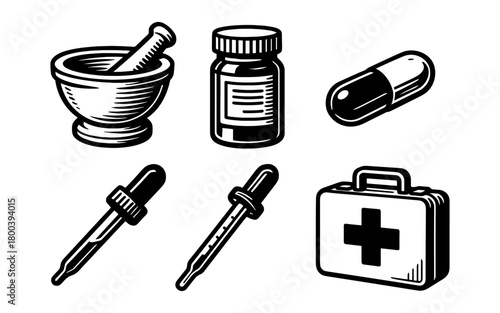 Vintage pharmacy tools set with mortar, bottle, pipettes, pill, and first aid kit