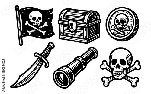 Pirate icon set featuring skull and crossbones with flag, treasure chest, and sword in retro style