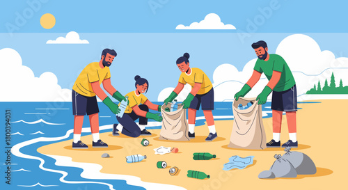 Volunteers Cleaning Up Trash On Beach At Summer Time