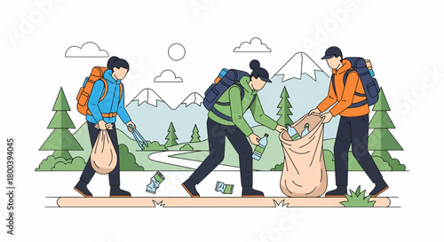 Volunteers Collecting Trash During Outdoor Adventure In Mountain Scenery