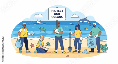 Volunteers Gathering Trash And Planting A Tree On Ocean Beach