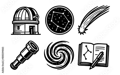 Astronomy icon set: telescope, observatory, constellation, and more in line art style
