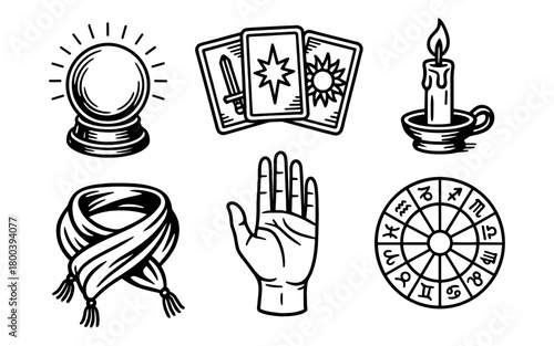 Mystical symbols and tarot cards in hand-drawn style