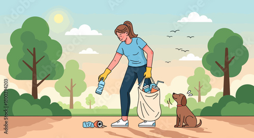 Woman Volunteering Cleaning up Trash in Park with Her Dog