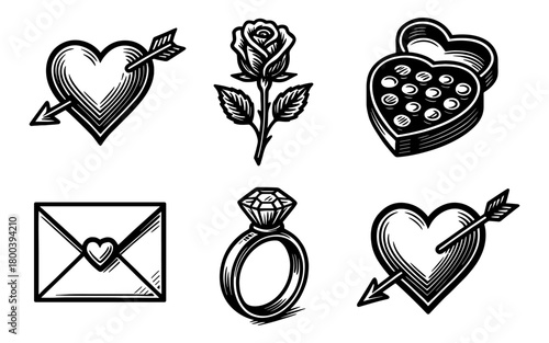 Vintage love icons with hearts, roses, and rings in black and white