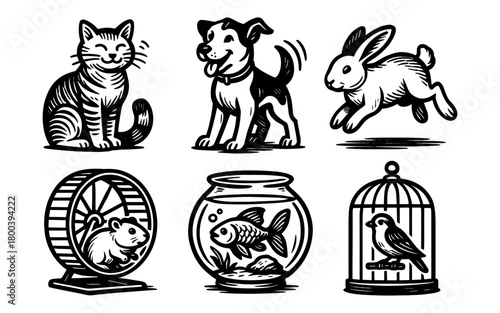 Cute animal illustrations featuring pets in black and white vintage style