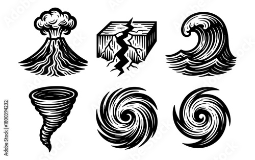 Natural disasters icons set: volcanic eruption, earthquake, tsunami, tornado, cyclone, whirlwind