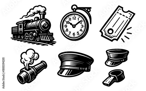 Vintage train elements: locomotive, pocket watch, ticket, steam, and accessories