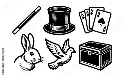 Magic show elements: top hat, wand, cards, rabbit, dove, box in black and white design