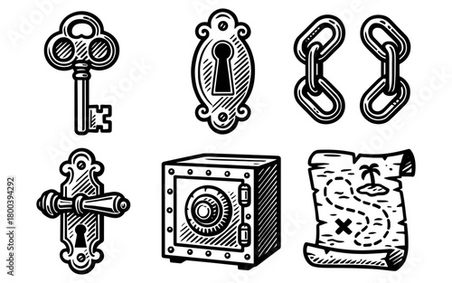 Vintage treasure hunt: keys, locks, and pirate map in retro style