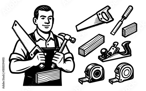 Carpenter tools and craftsman in black and white linear style